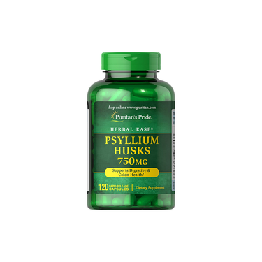 Puritan's Pride Psyllium Husks 750 mg, 120 rapid release capsules, is a dietary supplement in a green bottle promoted for digestive and colon health.